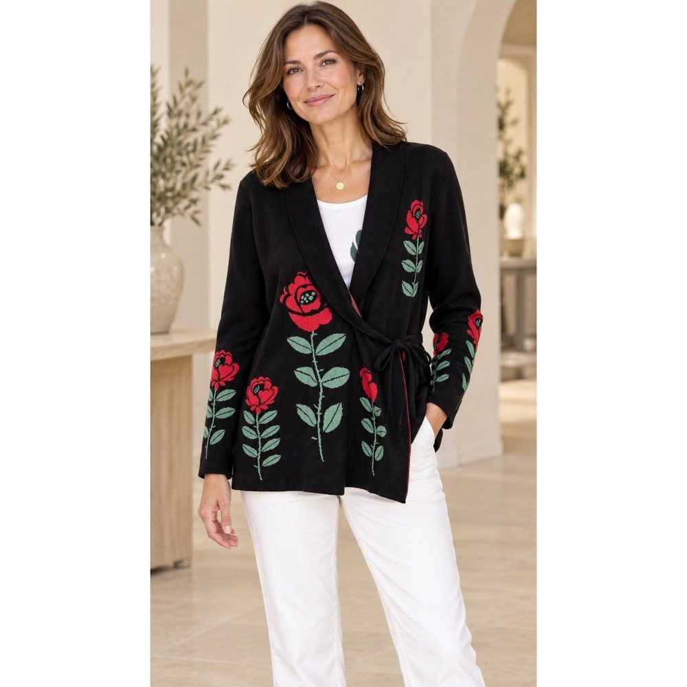 Gudrun Sjoden Women's Cardigan Sweater Large Organic Cotton Wool Floral Boho